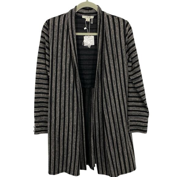 Simply Noelle Long Cardigan Women Size XS Black Gray woven Striped Open Front - Picture 1 of 14